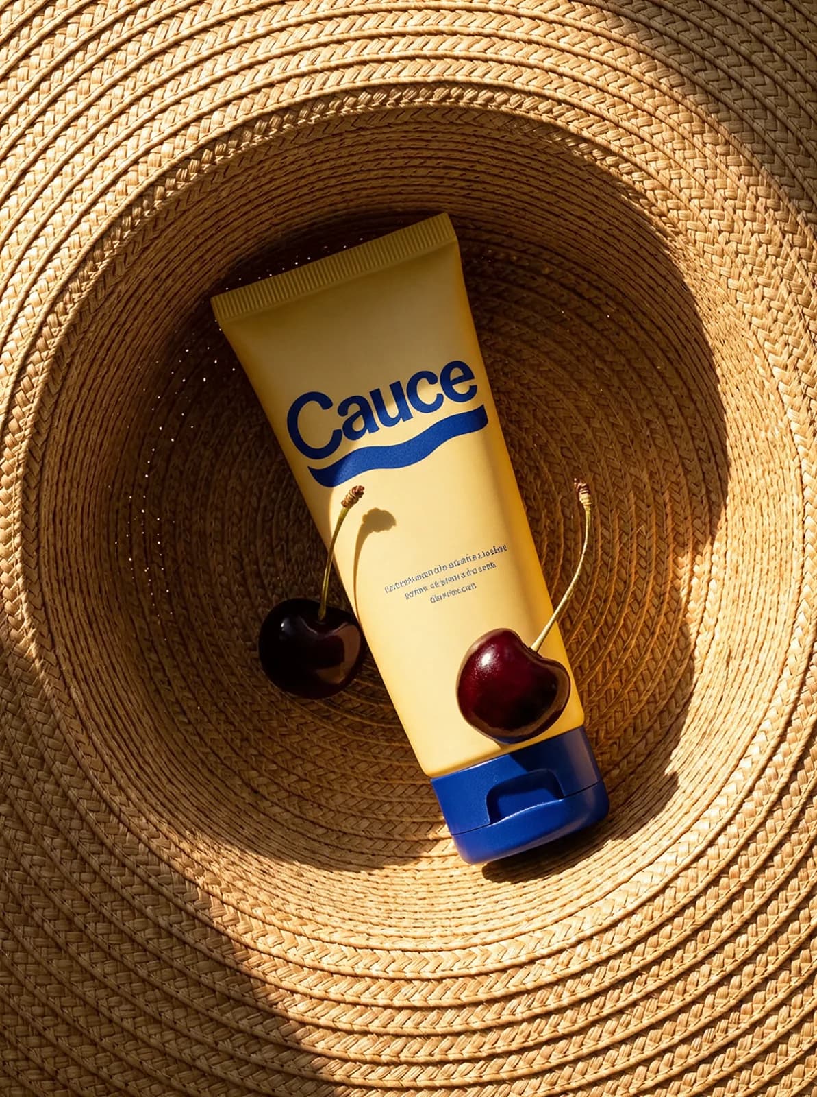 Bálsamo con cerezas sobre sombrero de paja
