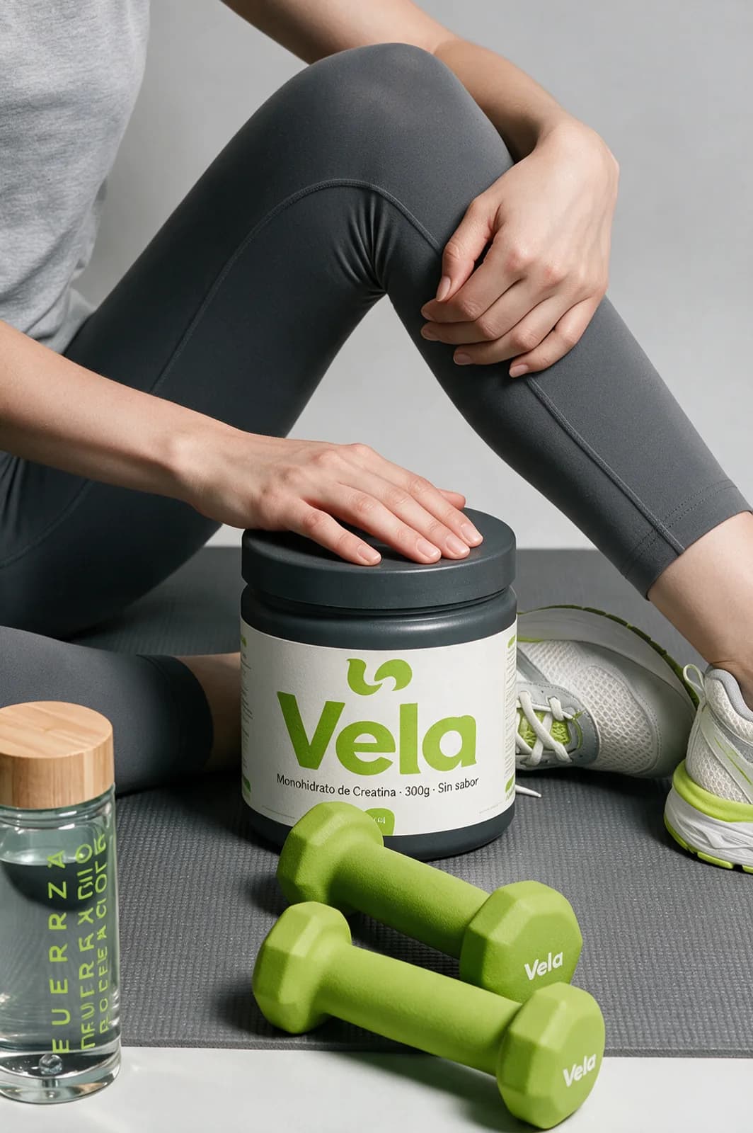 Bote de proteína con mancuernas y zapatillas